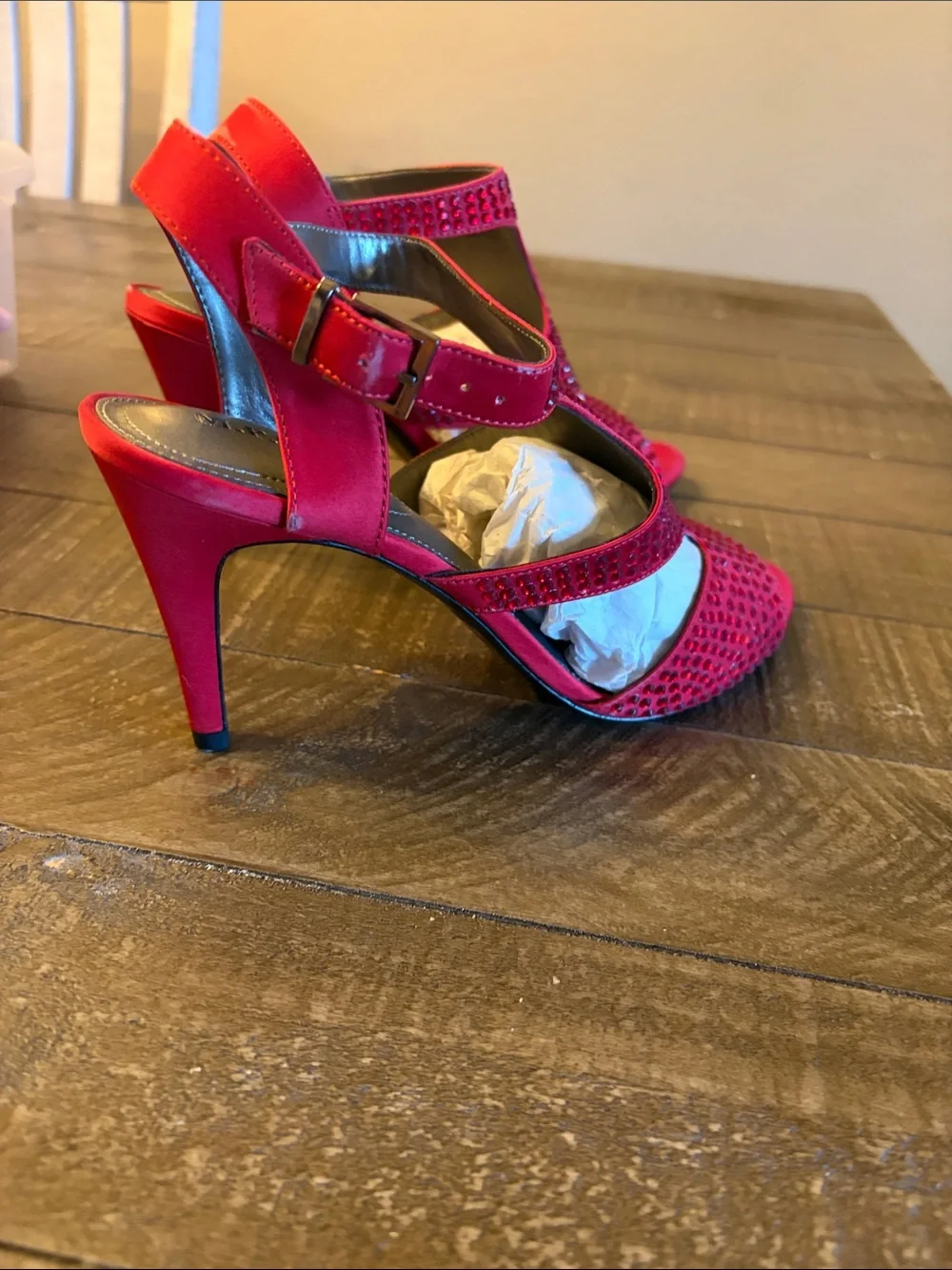 Red Crystal Cutout Open-Toe Heels with Ankle Strap